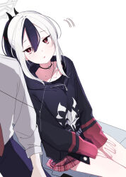  1boy 1girl absurdres black_choker black_hair black_hoodie black_shirt blue_archive blush bright_pupils choker collarbone commentary_request cowboy_shot demon_girl demon_horns double-parted_bangs dutch_angle earphones grey_hair grey_halo hair_between_eyes halo hands_on_own_thighs highres hood hood_down hoodie horns kayoko_(blue_archive) kisaka light_smile long_sleeves looking_at_another miniskirt mole mole_on_collarbone motion_lines multicolored_hair necktie plaid_clothes plaid_skirt pleated_skirt ponytail red_eyes red_necktie red_skirt sensei_(blue_archive) shared_earphones shirt simple_background sitting skirt slit_pupils solo_focus tsurime two-tone_hair upturned_eyes v_arms white_background white_pupils white_skirt 