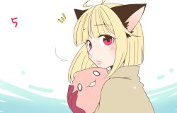  1girl :3 acolyte_(ragnarok_online) animal_ears blonde_hair blunt_bangs blush brown_capelet capelet cat_ears cat_girl closed_mouth commentary_request creature expressionless gloves holding holding_creature iyofika lowres notice_lines poring ragnarok_online ragnarok_origin red_eyes red_gloves short_hair slime_(creature) solo upper_body white_background 