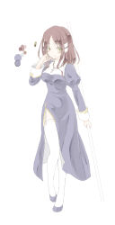  1girl blush breasts brown_hair closed_mouth color_guide cross cross_necklace dress full_body garter_straps grey_dress grey_shoes hand_in_own_hair highres holding holding_staff jewelry juliet_sleeves long_sleeves looking_at_viewer medium_breasts medium_hair necklace priest_(ragnarok_online) puffy_sleeves ragnarok_online satsuki_yui shoes side_slit simple_background smile solo staff standing thigh-highs white_background white_thighhighs yellow_eyes 