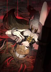  1girl absurdres animal_ears black_hair bracelet breasts brown_hair china_dress chinese_clothes commentary dress fox_ears fox_girl fox_tail gradient_hair hair_ornament hair_spread_out hand_up headband highres jewelry large_breasts leg_tattoo long_hair lying multicolored_hair on_back rain red_eyes tail tattoo thighs very_long_hair wince ye_shunguang zenless_zone_zero zeroartwo 