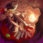  book bow cape fire fireball flask gloves hat highres nanahara_fuyuki original red_eyes round-bottom_flask shoes skull solo thigh-highs thighhighs witch witch_hat 
