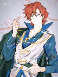  1boy artist_name belt black_cape blue_eyes blue_shirt blush brown_eyes cale_henituse cape chain character_name collarbone collared_shirt finger_heart grey_background hand_on_own_hip hand_up highres holding hxp0614 jacket jewelry light_blush light_smile long_sleeves looking_at_viewer lout_of_count's_family male_focus necklace red_hair shirt short_hair simple_background smile solo sparkle star_(symbol) teeth twitter_username vest white_belt white_jacket white_vest 