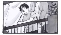  1boy absurdres axis_powers_hetalia balcony blush border clenched_hand closed_mouth curtains greyscale hand_on_own_face hand_up highres japan_(hetalia) leaf looking_at_viewer male_focus mi_aph_to monochrome musical_note plant shirt short_hair short_sleeves smile solo standing t-shirt 