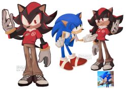  2boys animal_ears animal_nose blue_vest brown_pants closed_mouth commentary employee_uniform english_commentary english_text full_body furry furry_male gloves green_eyes half-closed_eyes highres holding holding_phone kewdose looking_at_another male_focus multiple_boys multiple_views pants phone red_eyes red_shirt red_shoes screenshot_inset shadow_the_hedgehog shirt shoes simple_background smile sonic_(series) sonic_prime sonic_the_hedgehog standing tail target_(store) vest walmart watermark white_background white_gloves 