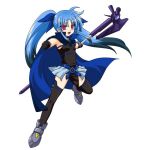  black_legwear black_thighhighs blue_hair cape long_hair lyrical_nanoha mahou_shoujo_lyrical_nanoha mahou_shoujo_lyrical_nanoha_a&#039;s mahou_shoujo_lyrical_nanoha_a&#039;s_portable:_the_battle_of_aces mahou_shoujo_lyrical_nanoha_a's mahou_shoujo_lyrical_nanoha_a's_portable:_the_battle_of_aces material-l official_art open_mouth payot red_eyes simple_background skirt solo thigh-highs thighhighs twintails very_long_hair vulnificus weapon 