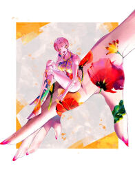  1girl 1other border breasts colored_skin compound_eyes finger_to_mouth fingernails flower hand_focus highres jojo_no_kimyou_na_bouken large_breasts leaf leotard mini_person musasabi05 nail_polish open_hand open_mouth outside_border pink_leotard pink_nails pink_skin red_flower robot short_hair sitting solo spice_girl_(stand) stand_(jojo) trish_una vento_aureo white_border yellow_eyes 