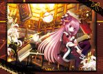  black_legwear black_thighhighs book bow brown_eyes catbell crescent cup flower hair_bow hat instrument library light_smile long_hair mini_top_hat patchouli_knowledge petals piano pouring purple_hair solo tea teacup teapot thigh-highs thighhighs top_hat touhou voile zettai_ryouiki 