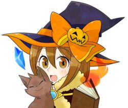  1girl black_hat blush book brown_cape brown_cat brown_eyes brown_hair cape cat commentary_request floating_gem fur-trimmed_cape fur_trim hat jack-o'-lantern_hat_ornament looking_at_viewer oekakipikki official_alternate_costume open_mouth portrait ragnarok_online short_hair simple_background smile solo warlock_(ragnarok_online) white_background witch_hat 