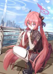  1girl absurdres black_boots black_ribbon blue_archive blue_sky boots cityscape clouds demon_horns demon_wings eating fence flat_chest food hair_between_eyes halo highres hira15623 holding horns iron_fence junko_(blue_archive) long_hair pillar_of_light pocky pointy_ears red_eyes red_hair red_halo ribbon shirt skirt sky solo squatting twintails very_long_hair water wings 