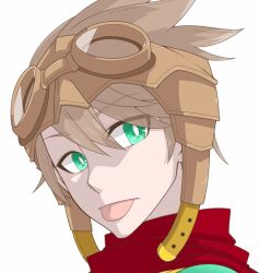  1boy bright_pupils brown_hair closed_mouth commentary_request goggles goggles_on_head green_eyes looking_at_viewer male_focus oekakipikki portrait ragnarok_online ranger_(ragnarok_online) red_scarf scarf short_hair simple_background solo tongue tongue_out white_background white_pupils 