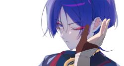  1boy black_bodysuit black_kimono blunt_ends bodysuit brown_gloves choppy_bangs closed_mouth eyelashes eyeliner eyeshadow genshin_impact gloves gold hand_on_another's_face highres japanese_clothes jewelry kimono looking_to_the_side lumine_(genshin_impact) makeup male_focus neck_ring one_eye_closed partially_fingerless_gloves portrait red_eyeliner red_eyeshadow red_trim runny_makeup sanpaku scaramouche_(genshin_impact) sia37068010 sketch tsurime vambraces violet_eyes white_background 