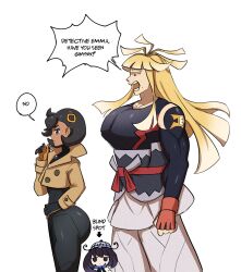  1boy 2girls black_bodysuit black_hair blind_spot_(meme) blonde_hair blunt_bangs bob_cut bodysuit bodysuit_under_clothes breasts brother_and_sister brown_jacket dark-skinned_female dark_skin emma_(pokemon) fingerless_gloves gloves gwynn_(pokemon) hair_ornament hat highres ivor_(pokemon) jacket latex latex_bodysuit long_hair mega_stone meme mole mole_under_mouth multiple_girls open_mouth orange_gloves partially_fingerless_gloves pokemon pokemon_legends:_z-a purple_hair rhymewithray shirt short_hair siblings simple_background two-tone_belt two-tone_gloves violet_eyes 