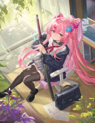  1girl bag black_choker black_jacket black_shoes brown_thighhighs choker closed_mouth commentary_request dragon_horns grey_sailor_collar grey_skirt highres holding holding_sword holding_weapon horns jacket katana long_hair looking_at_viewer mary_janes miniskirt neckerchief open_clothes open_jacket original pink_eyes pink_hair pleated_skirt red_neckerchief sailor_collar school_bag school_uniform serafuku shoes sitting skirt solo sword thigh-highs twintails very_long_hair weapon yizhibao zettai_ryouiki 