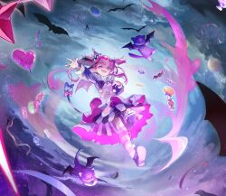  1girl ;3 arm_up asymmetrical_legwear balloon bat_(animal) bat_wings black_hair black_ribbon camila_(cami_3.0)_(vtuber) camila_(vtuber) candy cimp_(camila_(vtuber)) clouds collar confetti eyelashes facial_mark food frilled_collar frilled_skirt frills full_body hair_ribbon hat hat_ribbon heart_balloon in0ria indie_virtual_youtuber lollipop long_sleeves mismatched_legwear multicolored_hair one_eye_closed open_mouth party_hat pink_hair pom_pom_(clothes) purple_hat purple_shoes ribbon sharp_teeth shirt shoes skirt smile streaked_hair swirl_lollipop teeth triangle triangle_facial_mark two_side_up upper_teeth_only violet_eyes virtual_youtuber white_hair white_ribbon white_shirt wings wrapped_candy 