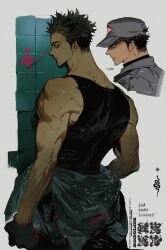  1boy baseball_cap black_eyes black_gloves black_hair black_pants black_shirt clothes_around_waist cowboy_shot from_side gloves grey_hat grey_jacket hat highres jacket jacket_around_waist looking_at_viewer male_focus manly multiple_views muscular muscular_male original pants pigeon666 scar scar_across_eyebrow scar_on_face shirt short_hair simple_background solo spiky_hair tank_top veins veiny_arms watermark white_background 