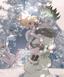  1boy 1girl :d bandaged_arm bandages blonde_hair blue_dress blue_eyes blush coat dr._stone dress facial_mark fur_trim gradient_eyes gradient_hair green_hair hands_up highres hug ishigami_senkuu jumping kohaku_(dr._stone) light_blush looking_at_another multicolored_eyes multicolored_hair ninomae_gin open_mouth outdoors outstretched_arms over_shoulder ponytail pouch red_eyes rope seductive_smile siblings smile snow snowing spiky_hair teeth tree two-tone_hair upper_teeth_only weapon weapon_over_shoulder white_rope winter winter_clothes winter_coat 
