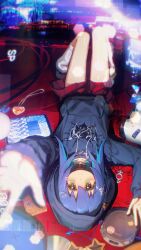  1girl absurdres alternate_costume ap04astral aqua_hair bare_legs black_choker black_hoodie blue_hair blurry blurry_foreground choker colored_inner_hair commentary from_above full_body green_eyes hair_ornament hairclip highres hood hood_up hoodie jewelry long_hair long_sleeves loose_socks lying male-female_symbol miniskirt multicolored_hair on_back onii-chan_wa_oshimai! pendant reaching reaching_towards_viewer red_skirt skirt smile socks solo star-shaped_eyewear star_(symbol) sunglasses tablet_pc tenkawa_nayuta two-tone_hair unworn_eyewear upside-down 