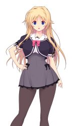  1girl :o arm_at_side black_bow black_pantyhose black_ribbon blonde_hair blue_eyes bow bowtie breasts contrapposto cropped_jacket dress erika_la_etienne feet_out_of_frame game_cg grey_skirt hair_intakes hand_on_own_hip high-waist_skirt jacket kourin_tenshi_en_ciel_rena lace lace-trimmed_dress lace-trimmed_skirt lace_trim large_breasts large_variant_set legs_apart long_hair looking_at_viewer miniskirt non-web_source official_art open_mouth pantyhose pink_bow pink_bowtie pleated_skirt puffy_short_sleeves puffy_sleeves ribbon sailor_collar saitou_natsuki school_uniform shirt short_sleeves sidelocks simple_background skirt solo standing suhamaya transparent_background variant_set white_shirt yurigaoka_girls_academy_school_uniform 