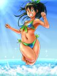  bikini black_hair blue_eyes bow breasts cleavage feet front-tie_top ganaha_hibiki grin hair_bow highres idolmaster jumping kenbou long_hair navel ponytail side-tie_bikini smile splash splashing sunbeam sunlight swimsuit underboob 