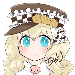  1girl arch_bishop_(ragnarok_online) blonde_hair blue_eyes blush bright_pupils brown_hat closed_mouth commentary_request cookie_hat_ornament hat long_hair looking_at_viewer lowres oekakipikki peaked_cap poring portrait ragnarok_online simple_background smile solo white_background white_pupils 