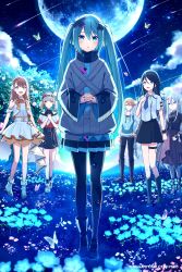  1boy 5girls asymmetrical_footwear azusawa_kohane backwards_hat bangle bare_shoulders baseball_cap batsu_miku belt belt_buckle black_belt black_boots black_hair black_hat black_pantyhose black_shirt black_skirt black_socks blonde_hair blue_eyes blue_hair blue_vest blush boots bow bracelet brown_hair brown_skirt buckle closed_mouth collarbone collared_shirt derivative_work frilled_vest frills full_body green_eyes green_hair grey_eyes grey_hair grey_jacket grey_pants hair_between_eyes hair_ornament hanasato_minori hashtag-only_commentary hat hatsune_miku highres hoshino_ichika_(project_sekai) jacket jewelry kowareta_sekai_to_utaenai_miku long_hair long_sleeves moon multicolored_hair multiple_girls night night_sky nurimas off-shoulder_shirt off_shoulder outdoors pants pantyhose parted_lips pink_hair pleated_skirt project_sekai puffy_long_sleeves puffy_sleeves purple_hair red_bow red_eyes shirt shoes short_sleeves skirt sky sleeveless sleeveless_shirt sleeves_past_wrists smile socks standing standing_on_one_leg star_(sky) starry_sky teneko02 tenma_tsukasa twintails two-tone_hair v-shaped_eyebrows very_long_hair vest vocaloid white_shirt white_shoes white_skirt white_vest wide_sleeves x_hair_ornament yoisaki_kanade 