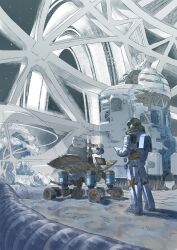  1girl astronaut black_hair blue_theme drone ephe99261012 exoskeleton from_behind hashtag-only_commentary highres holding holding_tablet_pc looking_at_object medium_hair non-humanoid_robot original planetary_ring ponytail robot satellite_dish science_fiction sketch sky solar_panel solo space space_station spacecraft_interior standing star_(sky) starry_sky tablet_pc tree unmanned_ground_vehicle wide_shot 