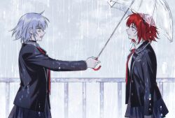  2girls ahoge choker collared_shirt cowboy_shot crying day easel_(dam0628) fate/grand_order fate_(series) fence fujimaru_ritsuka_(female) grey_hair grey_sky hair_ornament hair_scrunchie highres holding holding_umbrella jacket jeanne_d'arc_alter_(fate) long_sleeves looking_at_another multiple_girls necktie one_side_up open_mouth orange_eyes orange_hair outdoors profile rain school_uniform scrunchie shirt short_hair side_ponytail skirt sky umbrella wet yellow_eyes 