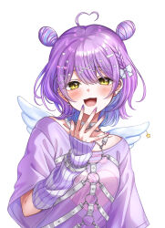  1girl :3 absurdres ahoge angel_wings arm_warmers barbell_piercing bow braid chain chest_harness choker colored_inner_hair double_bun ear_piercing earrings hair_between_eyes hair_bow hair_bun hair_ornament harness heart heart_ahoge highres industrial_piercing jewelry looking_at_viewer medium_hair multicolored_hair multicolored_nails o-ring open_mouth piercing purple_hair purple_shirt sasamisable shinomiya_runa shinomiya_runa_(4th_costume) shirt simple_background solo too_many_hair_ornaments upper_body virtual_youtuber vspo! white_background white_choker wings x_hair_ornament yellow_eyes 