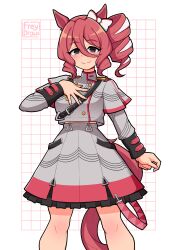  1girl animal_ears artist_name black_skirt bow breasts closed_mouth cosplay cowboy_shot english_commentary freydraws grey_skirt grid_background hand_on_own_chest highres horse_ears horse_girl horse_tail kasane_teto kasane_teto_(cosplay) kasane_teto_(sv) looking_at_viewer medium_breasts medium_hair multicolored_skirt norn_ace_(umamusume) red_hair red_skirt single_drill skirt smile solo synthesizer_v tail umamusume umamusume:_cinderella_gray utau 