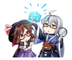  1boy 1girl ahoge black_choker black_hat brown_hair chibi chibi_only choker cube glasses gloves grey_hair hat holding holding_magnifying_glass long_sleeves low_twintails lowres magnifying_glass morichika_rinnosuke official_art open_mouth plaid_clothes plaid_skirt plaid_vest purple_vest red-framed_eyewear red_eyes rotte_(1109) second-party_source semi-rimless_eyewear short_hair skirt sticker_(medium) touhou touhou_lostword transparent_background twintails under-rim_eyewear usami_sumireko vest white_gloves wide_sleeves yellow_eyes 