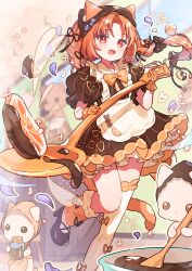  1girl :3 :d animal animal_ear_fluff animal_ears apron blush bow bowtie braid brown_bow brown_dress brown_shoes cat cat_ears cat_girl cat_tail commentary dot_nose dress food foot_out_of_frame fruit hair_bow high_heels holding holding_spoon long_hair looking_at_viewer open_mouth orange_(fruit) orange_hair orange_slice orange_socks original oversized_object parted_bangs red_eyes shoes short_sleeves smile socks solo spoon standing standing_on_one_leg striped_clothes striped_dress symbol-only_commentary tail tsukumi_bis twin_braids vertical-striped_clothes vertical-striped_dress white_apron yellow_bow yellow_bowtie 