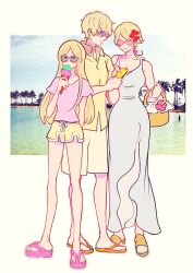  1boy 2girls axis_powers_hetalia bandaged_neck bandages bare_shoulders basket beach belarus_(hetalia) blonde_hair blue_sky blush bow breasts brother_and_sister cellphone clenched_hand collared_shirt commentary_request day dress eating flower food full_body green-tinted_eyewear hair_flower hair_ornament hand_up hands_up highres holding holding_basket holding_food holding_ice_cream holding_phone ice_cream large_breasts long_hair multiple_girls ocean open_mouth orange_sandals outdoors outside_border palm_leaf palm_tree phone pink-framed_eyewear pink_flower pink_sandals pink_shirt purple-tinted_eyewear red_flower rudorufu11 russia_(hetalia) sand sandals shirt short_hair short_shorts short_sleeves shorts siblings single_sidelock sisters sky sleeveless sleeveless_dress smartphone standing summer sunglasses t-shirt tinted_eyewear tree ukraine_(hetalia) white_bow white_dress yellow_sandals yellow_shirt yellow_shorts 