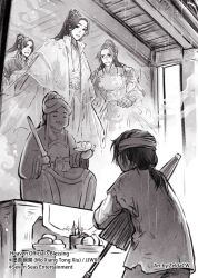  4boys altar armor artist_name bandage_on_face bandaged_head bandages child chinese_armor chinese_clothes clouds commentary copyright_name english_commentary feng_xin flower frown greyscale hair_flower hair_ornament hanfu holding holding_umbrella hua_cheng hua_cheng_(young) indoors layered_clothes long_hair long_sleeves male_focus monochrome mu_qing_(tianguan_cifu) multiple_boys official_alternate_costume official_alternate_hairstyle official_art ornate_clothes parted_bangs ponytail religious_offering standing statue sword tianguan_cifu umbrella watermark weapon wide_sleeves xiao_guan_(headdress) xie_lian xie_lian_(flower_crowned_martial_god) zelda_c_wang 