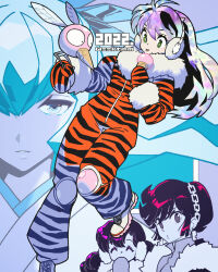  2022 3girls animal_print character_request closed_mouth cone_horns earmuffs earrings full_body highres horns jewelry long_hair lum mittens multiple_girls sasaki_tomomi smile tiger_print urusei_yatsura winter_clothes 