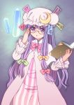  absurdres adjusting_glasses bespectacled book crescent glasses glyph highres kurarin patchouli_knowledge purple_eyes purple_hair solo touhou 