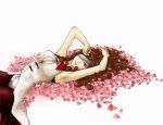  armpits arms_up beatrix breasts brown_eyes brown_hair cleavage cleavage_cutout curly_hair eyepatch female final_fantasy final_fantasy_ix flower_petals long_hair lowres lying petals rose_petals sleeveless smile solo 