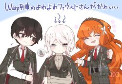  1boy 2girls black_coat black_eyes black_hair black_pants blush bow closed_mouth coat coat_on_shoulders commentary_request faust_(project_moon) grey_sweater hair_bow highres ishmael_(project_moon) limbus_company long_hair looking_to_the_side multiple_girls necktie orange_hair pants project_moon red_necktie ribbed_sweater rug_(yurari606) spoken_squiggle squiggle sweater translation_request very_long_hair wavy_hair white_bow yi_sang_(project_moon) 