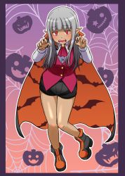  1girl animal_print ascot bat_print black_boots black_shorts blunt_bangs boots cape claw_pose collared_cape dark-skinned_female dark_elf dark_skin elf fangs full_body gradient_background halloween halloween_costume highres jack-o'-lantern karla_(kono_healer_mendokusai) kono_healer_mendokusai long_sleeves multicolored_boots official_art orange_background orange_boots orange_cape pointy_ears pumpkin purple_background red_ascot red_eyes red_vest short_shorts shorts standing standing_on_one_leg tannen_ni_hakkou teeth vampire vest white_shorts 