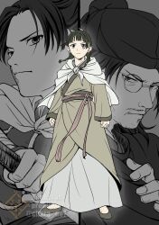  1girl 2boys beads black_hat blue_eyes blue_ribbon blunt_bangs chara_no7 chinese_commentary cloak facial_hair father_and_daughter flats full_body furrowed_brow green_hair green_robe hair_beads hair_ornament hair_ribbon hat highres holding holding_sword holding_weapon jinshi_(kusuriya_no_hitorigoto) kusuriya_no_hitorigoto lakan_(kusuriya_no_hitorigoto) light_frown long_hair maomao_(kusuriya_no_hitorigoto) monocle multiple_boys mustache parted_bangs ribbon robe sidelocks stubble sword twitter_username upper_body weapon white_cloak 