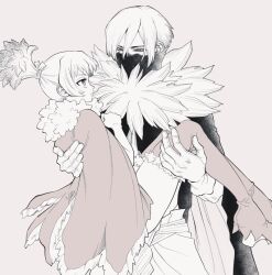  1boy 1girl boots cape carrying coat dr._stone fur_trim gloves hand_on_own_chest hetero high_heels high_ponytail hyoga_(dr._stone) implied_hetero lips looking_at_another mask momiji_homura monochrome mouth_mask ninja ninja_mask ninomae_gin open_mouth pants parted_lips ponytail princess_carry short_hair siblings sidelocks simple_background thick_lips thigh-highs thigh_boots white_gloves winter_clothes winter_coat 