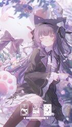  1girl 2025 ;d animal_ear_fluff animal_ears black_bow black_hairband black_jacket black_socks blurry blurry_foreground blush bow collared_shirt commentary_request commission crown cup depth_of_field dress flower grey_dress hair_bow hairband highres holding holding_cup holding_saucer jacket kneehighs long_hair mini_crown neck_ribbon one_eye_closed open_clothes open_jacket original pink_flower purple_hair purple_ribbon ribbon rose saucer shirt smile socks solo stuffed_animal stuffed_cat stuffed_toy tarot the_moon_(tarot) the_star_(tarot) two_side_up umehara_sei very_long_hair violet_eyes watermark white_flower white_rose white_shirt yellow_flower 