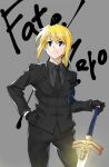  ahoge azu blonde_hair fate/stay_night fate/zero fate_(series) formal frown gloves hand_on_hip hips necktie pant_suit ponytail saber solo suit sword weapon 