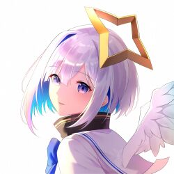  1girl absurdres amane_kanata amane_kanata_(1st_costume) angel_wings aqua_wings blue_bow blue_hair bow colored_inner_hair commentary_request feathered_wings gradient_wings halo highres hololive looking_at_viewer looking_back mini_wings multicolored_hair multicolored_wings orion_arte parted_lips shirt simple_background single_hair_intake star_halo upper_body violet_eyes virtual_youtuber white_background white_hair white_shirt white_wings wings yellow_halo 