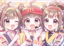  3girls ;d absurdres ahoge animal_on_head black_eyes black_sleeves blue_necktie brown_hair burger character_name detached_sleeves double_bun dress_shirt food hair_bun hairband hamster haruiroha hat headset highres imadake_dabuchi_tabemi imadake_dabuchi_tabesuke imadake_tsukimi_tabemi index_finger_raised japanese_clothes logo looking_at_viewer mcdonald's multiple_girls necktie on_head one_eye_closed open_mouth ponytail red_hairband romaji_text samurai_tamago_tabemi shirt short_hair short_ponytail short_sleeves side-by-side smile striped_clothes striped_shirt tasuki translated twintails vertical-striped_clothes vertical-striped_shirt visor_cap white_shirt wing_collar yellow_hairband yellow_happi yellow_hat 