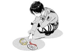  1boy 5nd_0mc armin_arlert black_hair boots cropped_jacket eren_yeager highres jacket male_focus mikasa_ackerman military_jacket panties red_petals shingeki_no_kyojin short_hair smile solo squatting stick survey_corps_(emblem) underwear white_background white_panties yellow_petals 