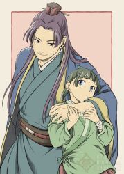  1boy 1girl arm_around_neck beads blue_eyes blue_ribbon blue_robe blunt_bangs border brown_skirt chara_no7 chinese_clothes chinese_hairpin closed_mouth dot_mouth freckles green_hair green_shirt hair_beads hair_ornament hair_ribbon half_updo jinshi_(kusuriya_no_hitorigoto) kusuriya_no_hitorigoto maomao_(kusuriya_no_hitorigoto) parted_bangs pink_background purple_hair ribbon robe shirt sidelocks skirt twitter_username upper_body violet_eyes white_border wide_sleeves 