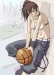  ball basketball breasts brown_eyes brown_hair cleavage copyright_request earrings jewelry pants ponytail solo yuro 