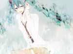  blue_eyes blue_hair hand_on_face hatsune_miku necktie open_mouth sitting solo twintails vocaloid 