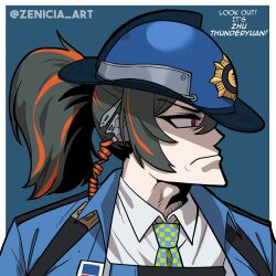  1girl black_hair blue_background blue_hat blue_jacket blue_necktie border cassius_thundercock_(meme) checkered_necktie collared_shirt commentary english_commentary green_necktie hat highres jacket looking_to_the_side medium_hair meme multicolored_hair necktie orange_hair police police_uniform policewoman ponytail portrait red_eyes shirt solo streaked_hair two-tone_hair two-tone_necktie v-shaped_eyebrows white_border white_shirt zenicia_art zenless_zone_zero zhu_yuan 