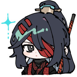  1boy black_coat black_eyes black_hair black_hanfu chinese_clothes coat family_hierarch_candidate_(identity)_(project_moon) hanfu high_ponytail holding holding_polearm holding_weapon hong_lu_(project_moon) limbus_company long_hair long_sleeves pinch_(nesume) polearm ponytail project_moon sidelocks simple_background solo sparkle very_long_hair weapon white_background 